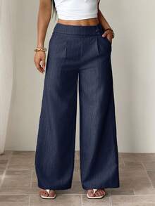 Pantalones holgados de pierna recta para mujer, de algodón de bambú, con diseño de cintura con hebilla superpuesta en la parte delantera, pliegue frontal para el Día de Acción de Gracias - Gris - Ver 10