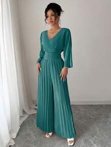 Rafferiza Women's Solid Color Overlapping V-Neck 3/4 Sleeve Pleated Wide Leg Elegant Jumpsuit - Cadet Blue - View 3