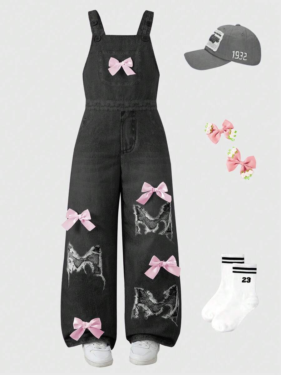 Elladie kids 青少年女孩蝴蝶結裝飾寬腿寬鬆休閒吊帶褲 - 彩色 - 查看 1
