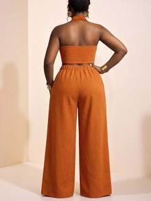 Truni Burnt Orange Plus Size Women's Elegant 2-Piece Set,Autumn Asymmetric Top & Wide Leg Linen Pants,Vacation Boho Summer Outfits For Triangle - Orange - View 3