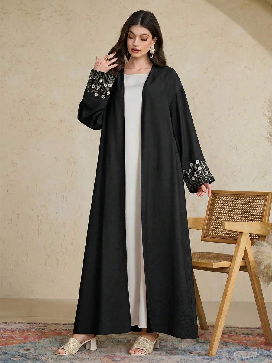 Al Najma Áo Abaya dài tay thanh lịch thêu hoa dành cho nữ - màu đen - Xem 1