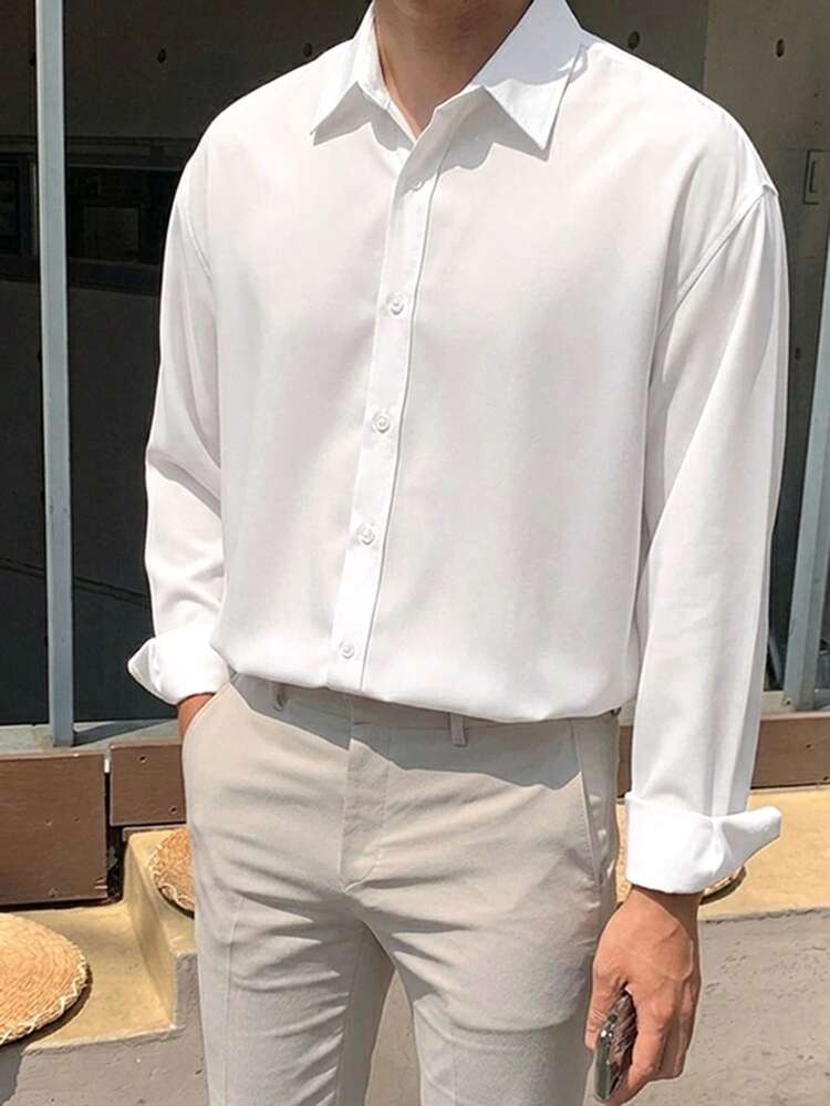 Men's Solid White Long Sleeve Dress Shirt For Work