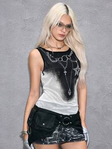 ROMWE Y2K Áo tank top cơ bản nữ phong cách retro Y3k gợi cảm xuyên thấu in họa tiết xích - trắng - Xem 6