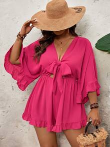 SHEIN VCAY Plus Size Holiday Solid Color Batwing Sleeve, Ruffle Hem, Tie Waist Jumpsuit Fall - Hot Pink - View 1