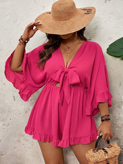 SHEIN VCAY Plus Size Holiday Solid Color Batwing Sleeve, Ruffle Hem, Tie Waist Jumpsuit