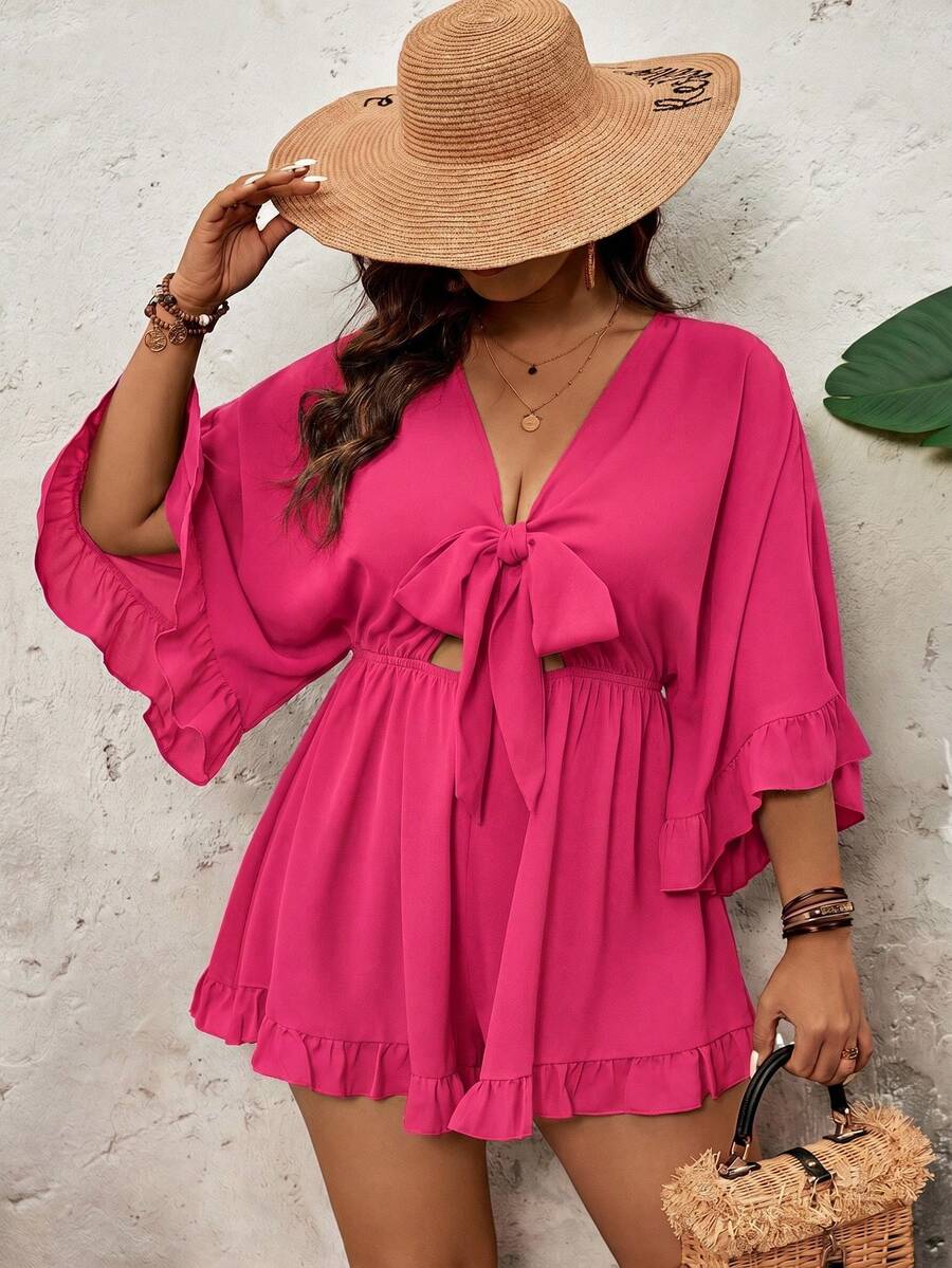 SHEIN VCAY Plus Size Holiday Solid Color Batwing Sleeve, Ruffle Hem, Tie Waist Jumpsuit Fall - Hot Pink - View 1