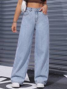 SHEIN ICON Plus Size Women Versatile Pocketed Button Fly Summer Jeans Back-To-School Graduation Light Blue Casual Formal - Blue - View 6