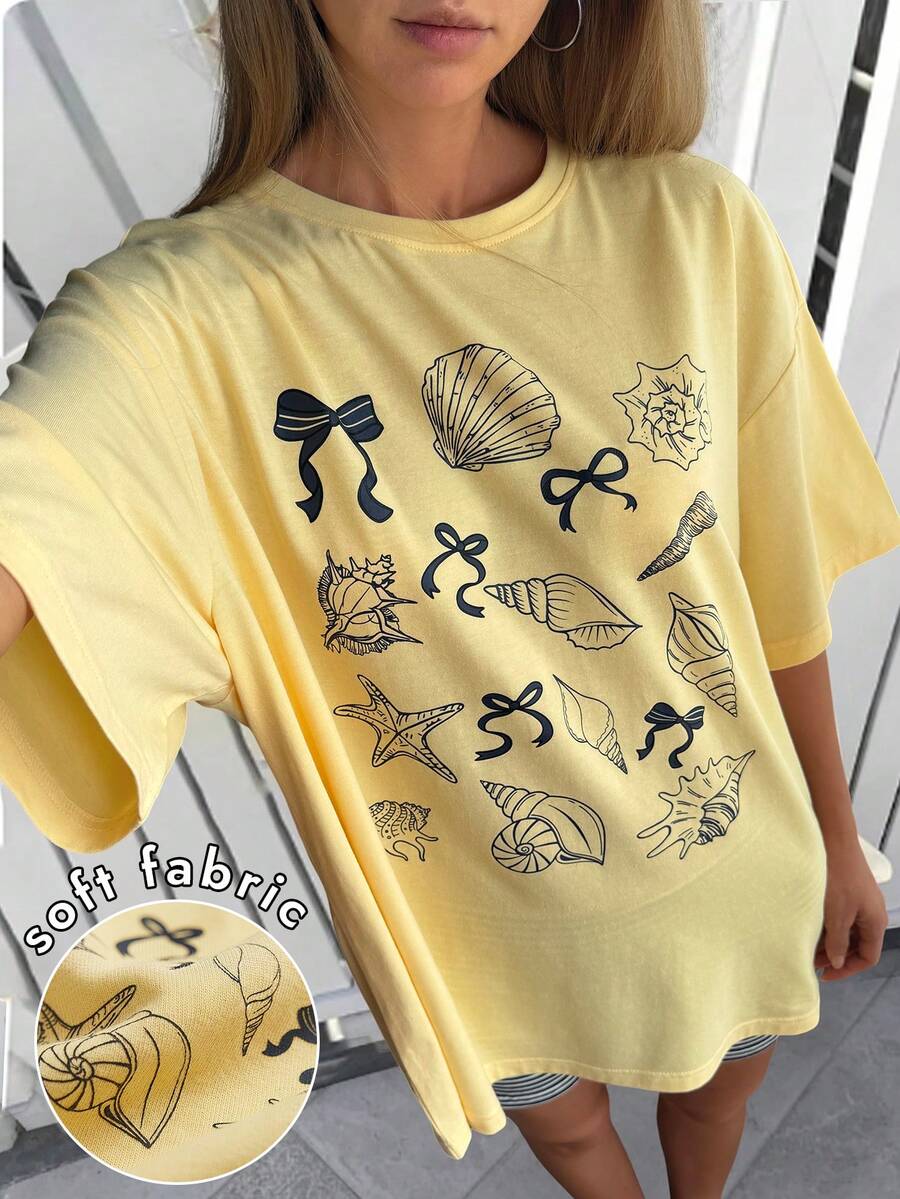 DAZY 女款夏季圓領短袖印花度假風黃色T恤 - 黃色 - 查看 1