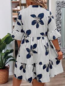 Breezaya Plus Size Women Summer Floral Print V-Neck Ruffle Hem Loose Dress - Blue - View 2