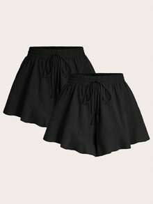 Elaquor Plus Size Solid Color Shorts With French Ruffle Hem - Black - View 1