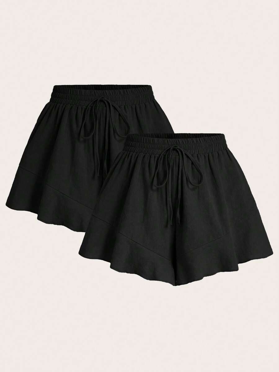 Elaquor Plus Size Solid Color Shorts With French Ruffle Hem - Black - View 1