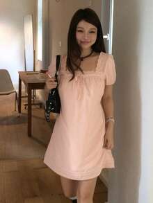 Joudiya 春夏鏤空蕾絲飾邊拼接粉色洋裝 情人節婚禮宴會舞會晚禮服 時尚派對修身優雅通勤短袖女裝裙 - 粉色 - 查看 5
