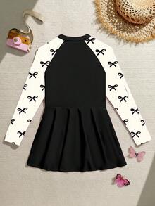 SHEIN 少女可爱休闲蝴蝶结条纹印花荷叶边连体泳衣 - 黑與白 - 查看 2