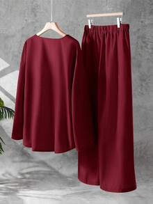 EMERY ROSE Conjunto de 2 piezas de talla grande para mujer, con top con nudo delantero y pantalones de pierna ancha, para primavera/otoño, casual, vacaciones y uso diario, en unicolor - Color caoba - Ver 2