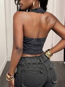 Aloruh Women's Rhinestone Cross Chain Frayed Hem Cropped Halter Denim Top Summer Black Tops  Y2K Tops  Festival Party Top Going Out Tops  Shiny - Black - View 3