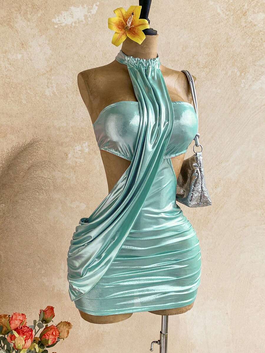 Soleia 女士春夏裹身不对称飘逸系带修身迷你连衣裙,适合约会、花园派对、下午茶、插花、波西米亚风、度假、复古、假日等场合 - 淺藍色 - 查看 1