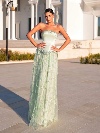 Glamrae Elegant Light Green Satin Patchwork 3D Beaded Embroidered Floral Bustier Luxurious Sequins Decorated A-Line Maxi Dress With Adjustable Tie Waist, Suitable For Dates, Vacations, Parties, Weddings, Graduations, Formal Events