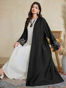 Al Najma Áo Abaya dài tay thanh lịch thêu hoa dành cho nữ - màu đen - Xem 4