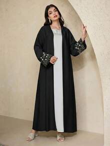 Al Najma Áo Abaya dài tay thanh lịch thêu hoa dành cho nữ - màu đen - Xem 6
