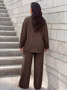 SHEIN Lady CURVE Western Style Beach Vacation Solid Color Denim Effect Linen Loose Casual Plus Size Women 2 Pieces Set, Spring/Autumn Lounge Sets For Women - Coffee Brown - View 2