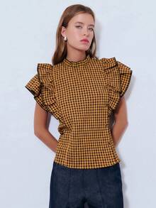 Nöista Blusa a cuadros rosa con mangas de volantes. Presenta mangas de volantes con volantes, un cuello alto y un estampado a cuadros, creando un estilo dulce y retro. Tiene un fuerte sentido del estilo y es perfecto para el uso en primavera y verano. Es un artículo versátil y práctico para vacaciones y ocasiones casuales. - Naranja - Ver 6