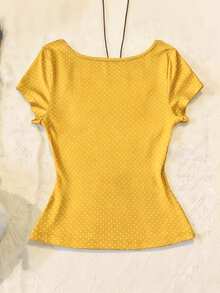 IslaSuriya Women's Polka Dot Print Tie-Bow Ruched Waist T-Shirt - Yellow - View 2