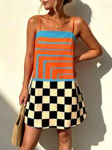 Vaclyn Women's Summer Casual Fashionable Vacation Style Patchwork Print Loose Strap Dress - Multicolor - View 3