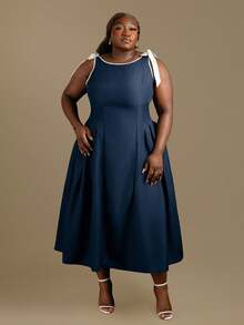 CurvyTilda Plus Size Crew Neck Sleeveless Contrast Trim Bow Decor Waist Flare Hem Khaki Casual Dress Navy Blue Elegant Dress Captains Dinner Dress Retro Dresses For Woman Dark Blue Dress Tea Length Dress - Navy Blue - View 1