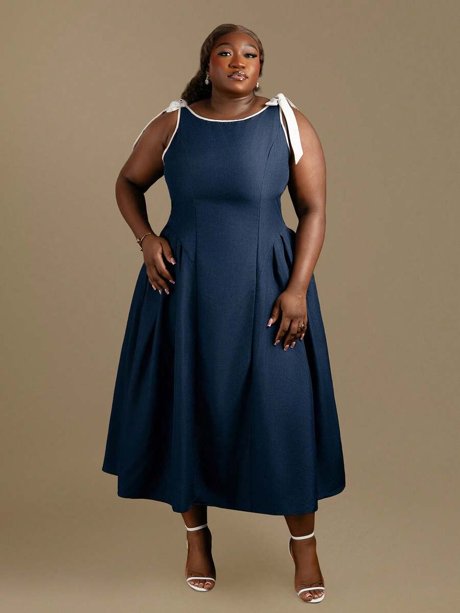 CurvyTilda Plus Size Crew Neck Sleeveless Contrast Trim Bow Decor Waist Flare Hem Khaki Casual Dress Navy Blue Elegant Dress Captains Dinner Dress Retro Dresses For Woman Dark Blue Dress Tea Length Dress - Navy Blue - View 1