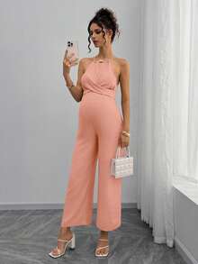 Momance Bộ áo liền quần cho bà bầu bằng hạt gỗ, kiểu cổ yếm, buộc nơ phía trước. - Hồng - Xem 1