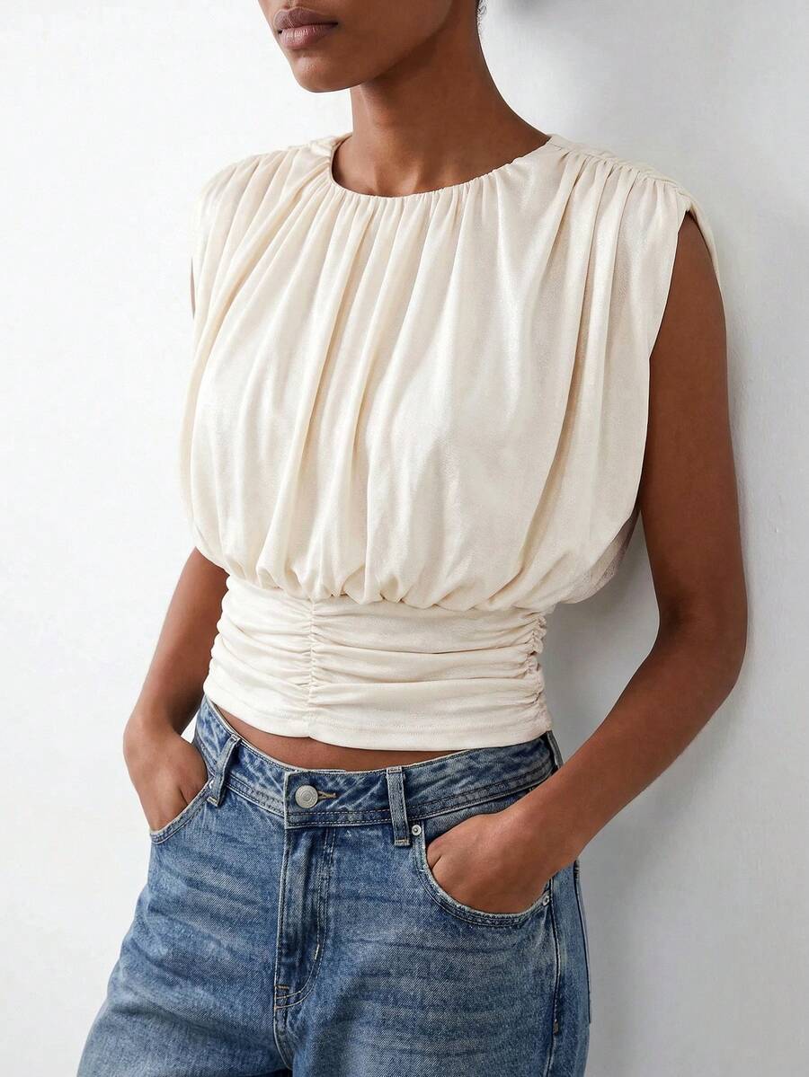 Maija Áo tank top nữ màu trơn cổ tròn xếp ly phong cách thường ngày, xuân/hè - trắng - Xem 1