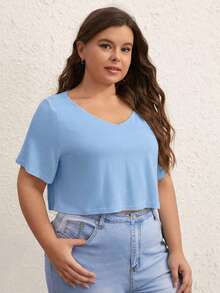 SHEIN BASICS 大码女式休闲纯色V领短款T恤 - 藍色 - 查看 5