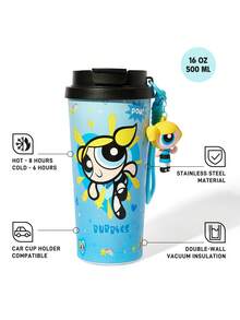 THE POWERPUFF GIRLS X SHEIN 500ml /16 Oz 真空保溫不鏽鋼杯，1個防漏蓋，適用於熱飲/冷飲，適用於大多數杯架 - 藍色 - 查看 3
