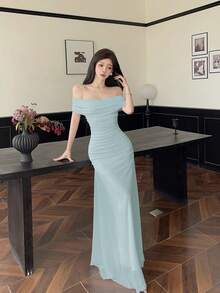 Modelyn 女士露肩褶皱腰身优雅婚礼/场合礼服 - 綠色 - 查看 7