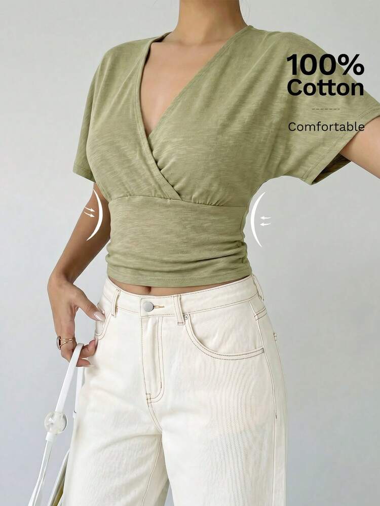 2026SS New Summer Women's T-Shirt, Knitted Fabric Bestseller, Solid Military Green, V-Neck, Waist Cinched, Minimalist Elegant Urban Chic, Suitable For Office, Holiday, Independence Day Tea Party, Romantic Date, Fashion Versatile Women's T-Shirt