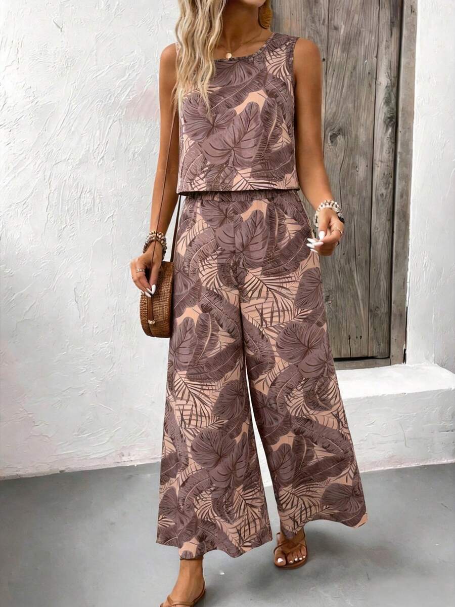 EMERY ROSE Conjunto Casual de Praia de Duas Peças com Top Cropped de Gola Redonda e Calça Pantalona de Estampa Vintage Estilo Boêmio para Mulheres - Multicolorido - Visão 1