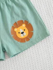 Cozy Pixies Set 2pcs Baju Bayi Laki-laki Motif Kartun Singa Rajut Lembut Leher Bulat Lengan Pendek dan Celana Pendek Pinggang Elastis - Mint Green - View 3