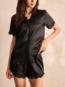 Charlaine Lace Trim Satin Pajama Set - Black - View 1