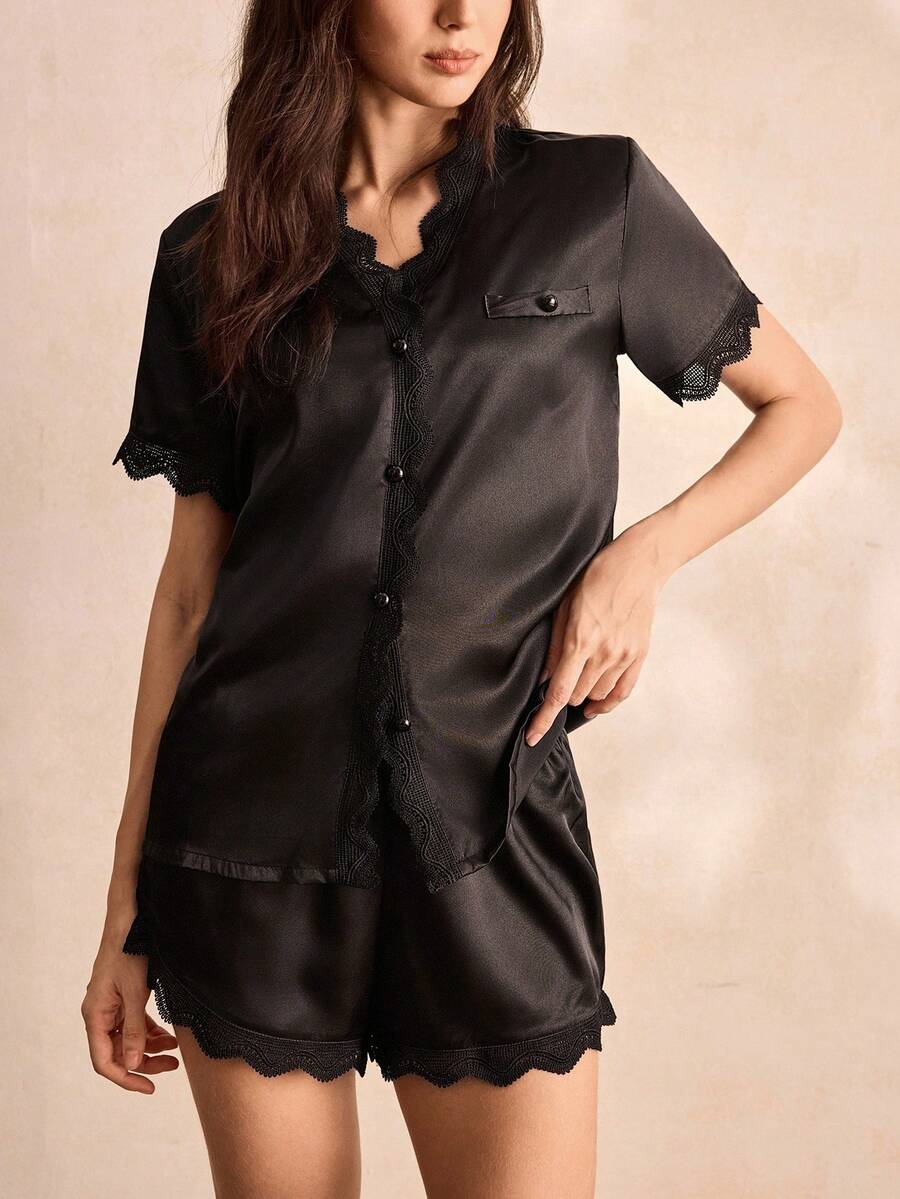 Charlaine Lace Trim Satin Pajama Set - Black - View 1