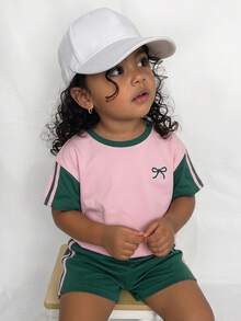2pcs/Set Young Girl Knitted Contrast Color Bow Print Round Neck Casual Loose T-Shirt&Fitted Shorts,Light Pink,Summer Suitable For Back To School Wear - Multicolor - View 2