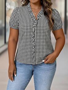 SHEIN Clasi CURVE V-Neck Puff Sleeve + Ruffle Trim French Style Blue & White Striped Plus Size Short Sleeve Blouse - Black - View 4
