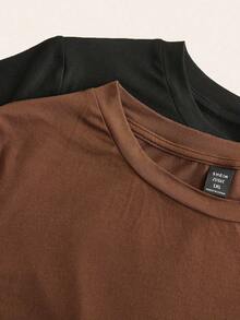 SHEIN EZwear 新款休閒寬鬆T恤與單車短褲套裝，蕾絲拼接設計，黑色與咖啡色，4件組，大尺碼女款2件套穿搭，適合外出、日常穿著、派對、通勤、音樂節、開學、畢業、海邊度假、街頭風、居家、城市漫步，可作外套或疊穿，百搭 - 彩色 - 查看 7