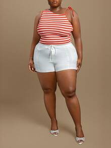 CurvyTilda Shorts de talla grande casuales y holgados con cordón, unicolor, shorts de algodón cómodos para primavera/verano, shorts con cordón blancos, para Body de reloj de arena - Blanco - Ver 5