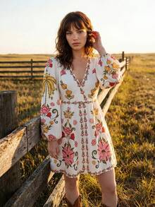 Short V-Neck Dress With Floral Windowpane Print And Short Sleeves - 彩色 - 查看 5