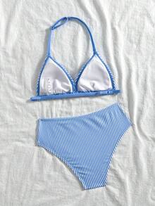 SHEIN Tween Girls Striped & Floral Print Tankini Swimsuit Set, Summer Holiday - Blue and White - View 2