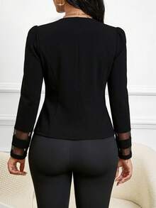 SHEIN Lady 女士网眼拼接金属纽扣轻薄夹克 - 黑色 - 查看 2