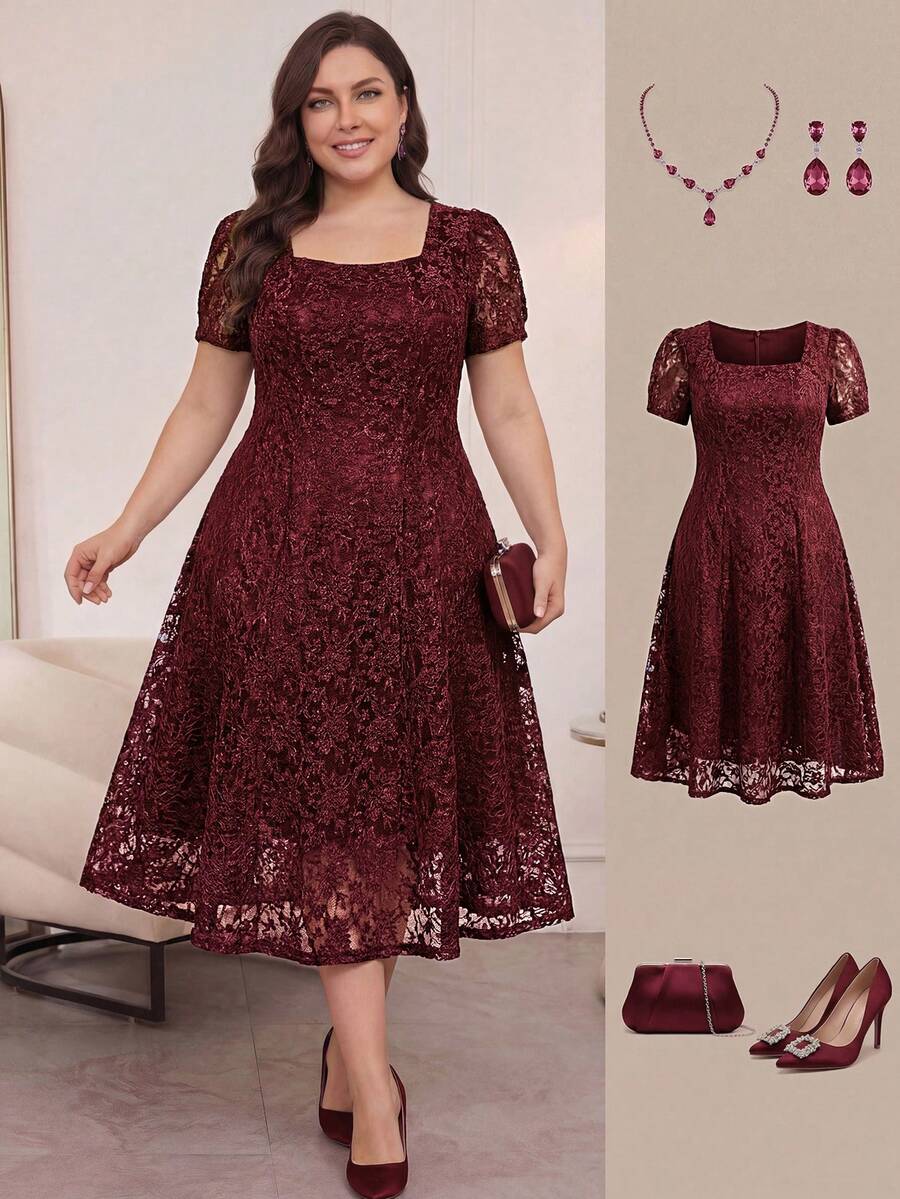 SHEIN Clasi Plus Size Solid Color Lace Square Neck Short Sleeve Dress - Burgundy - View 1