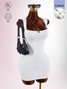 Amplova Vestido mini ajustado de cuello cuadrado con tirantes anchos - Blanco - Ver 5