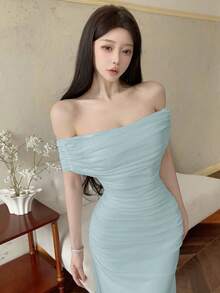 Modelyn 女士露肩褶皱腰身优雅婚礼/场合礼服 - 綠色 - 查看 8