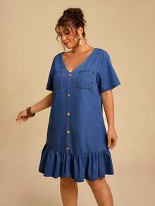 Travachic Plus Size Women's Denim Dress With Button, Dual Pockets And Ruffle Hem Dresses For Women Summer - Medium Wash - View 5